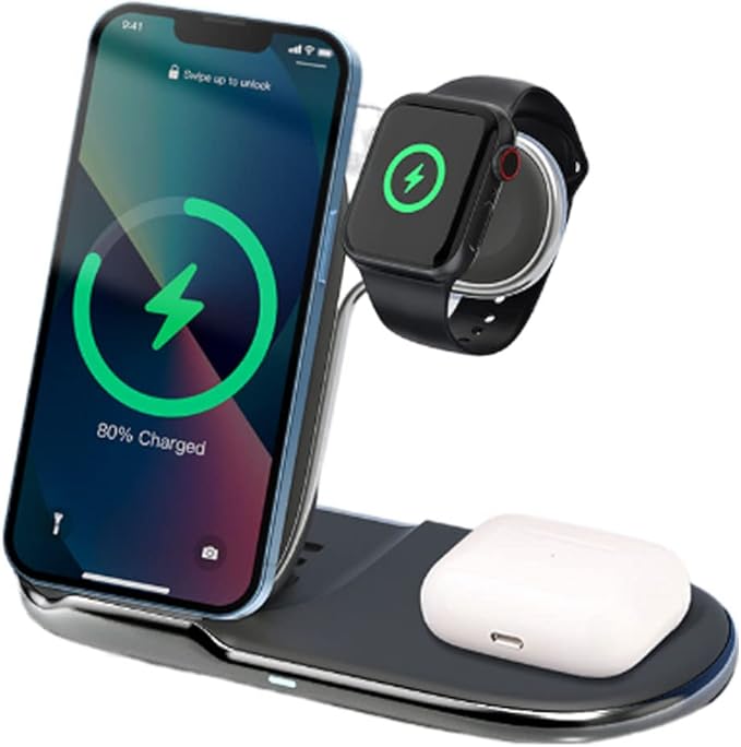 Techgear 3 in 1 Wireless Travel Charging Station, 15W Fast Wireless Charging Station for iPhone 14/13/12/11/XR/XS/Max/Plus, Air Pods 3/2/1/Pro, Apple Watch Series 8-2, Samsung S23 48 DE ltra etc