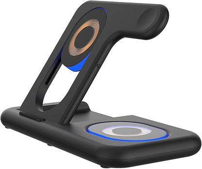 DAM 5-in-1 Foldable Charging Station, Magsafe Base 15 W, Adjustable Charger for Apple Watch and Qi Base, with Touch Night Light, Stand Function, 18.5 x 13.5 x 12 cm, Colour: Black