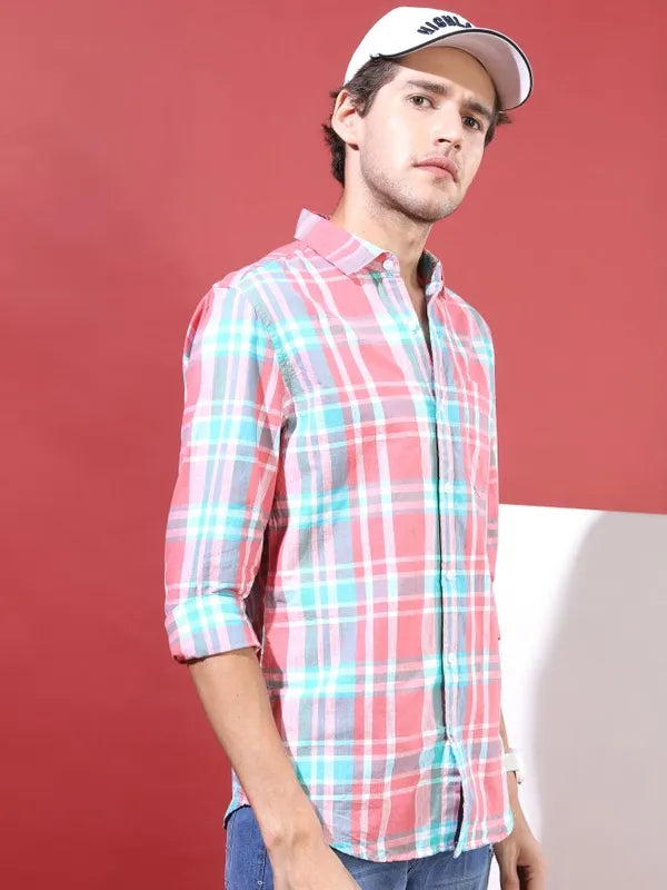 Suburbans Men Pink Checked Slim Fit Casual Shirt