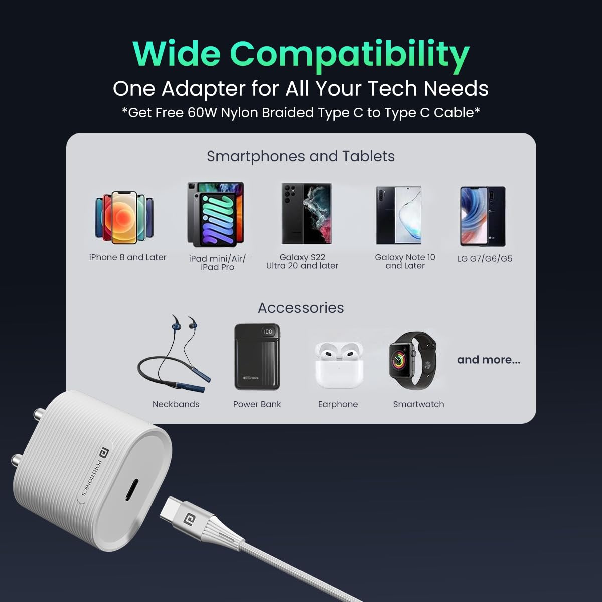 Portronics Adapto 33G 33W GaN Type C PD Port Fast Wall Charger comes with 60W Nylon Braided Type C to Type C fast charging cable, Compatible with iPhone 8…