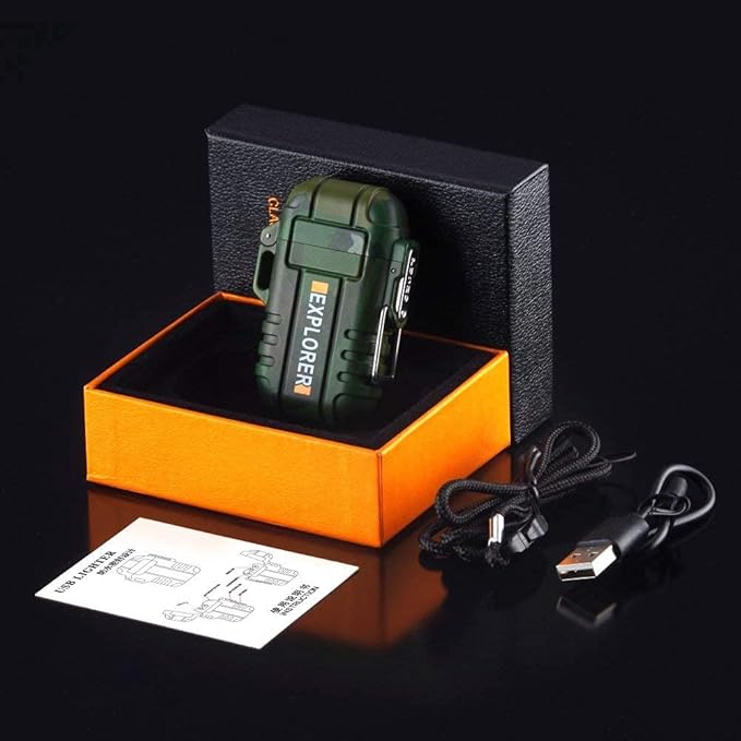 Explorer Waterproof and Windproof Flameless Double ARC Rechargeable Lighter | Allow Resin Made, Military Green, Pocket Size