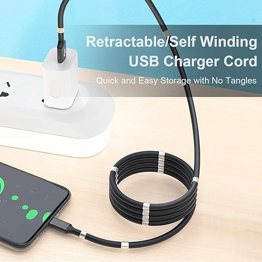 TechGuy4u Magnetic Charging Absorption Cable, Automatically Retractable, Magic Rope, Fast Charger, Made with Protective Silicone Tube (3 ft - Type C, Black)