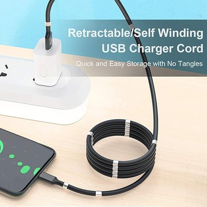 TechGuy4u Magnetic Charging Absorption Cable, Automatically Retractable, Magic Rope, Fast Charger, Made with Protective Silicone Tube (3 ft - Type C, Black)