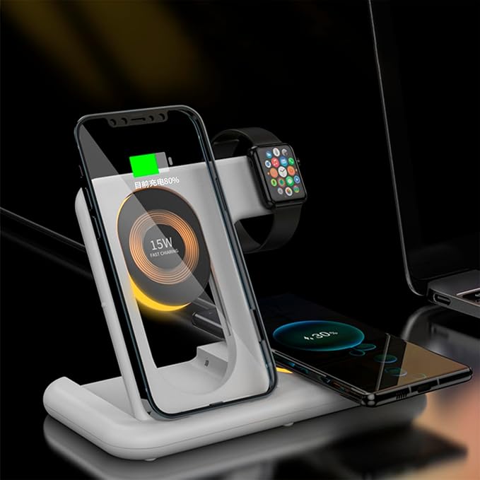 DAM 5-in-1 Foldable Charging Station, Magsafe Base 15 W, Adjustable Charger for Apple Watch and Qi Base, with Touch Night Light, Stand Function, 18.5 x 13.5 x 12 cm, Colour: Black