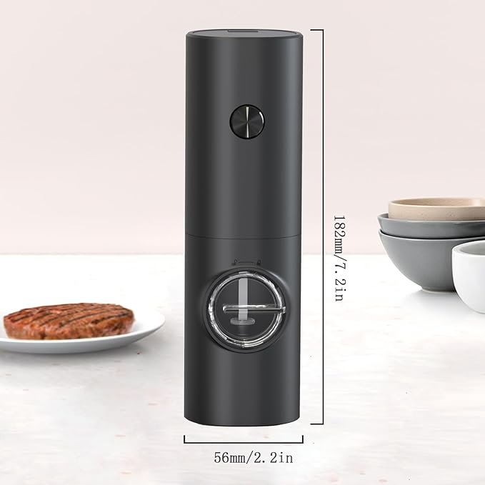 Nedyfix Gravity Electric Pepper Grinder, Battery Powered Grinder, with LED Light for One Hand Operation of Automatic Pepper and Salt Grinder Adjustable Poughness-7in Black