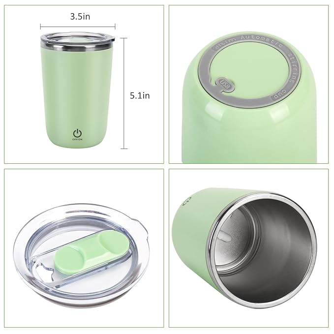 VAlinks Self Stirring Coffee Mug - Rechargeable Stainless Steel Auto Self Mixing Cup with Lid, 350ml/12oz Coffee Self Stirring Cup To Stir Coffee, Mixed Milk, Tea for Women Men Office Car Use, Green