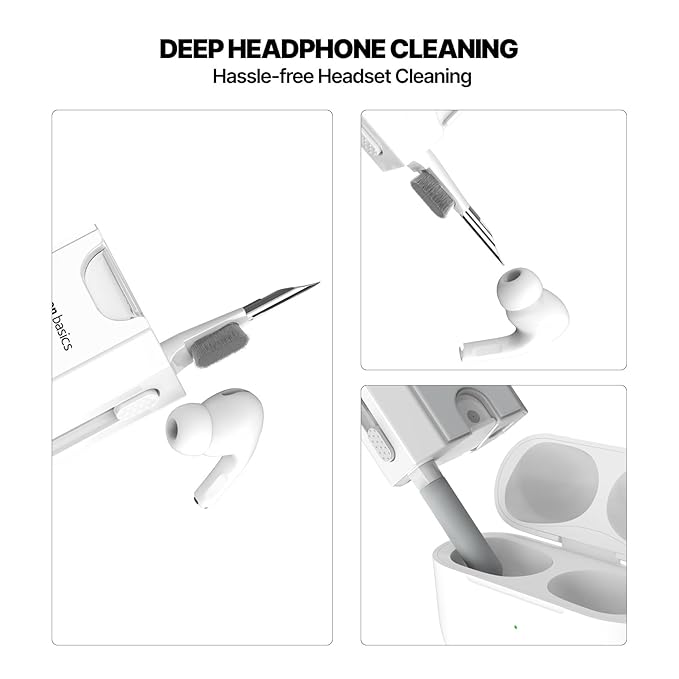 Amazon Basics Portable 8-in-1 Cleaning Kit for Laptop, Mobile, iPhone, Airpods, Earbuds, Keyboard | Metal Tip Cleaning Pen | Keycap Puller | Cleaning Cloth (White)