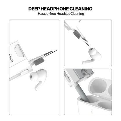 Amazon Basics Portable 8-in-1 Cleaning Kit for Laptop, Mobile, iPhone, Airpods, Earbuds, Keyboard | Metal Tip Cleaning Pen | Keycap Puller | Cleaning Cloth (White)