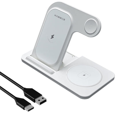 (Seald Pack) HAMMER Flex 3.0 3-in-1 Wireless Charging Dock [15W Fast Charger] [Mag-Safe Compatible] for iPhone 13, 12 Series | iWatch 7,SE,6,5,4,3,2 | AirPods 2,3, Pro (White)