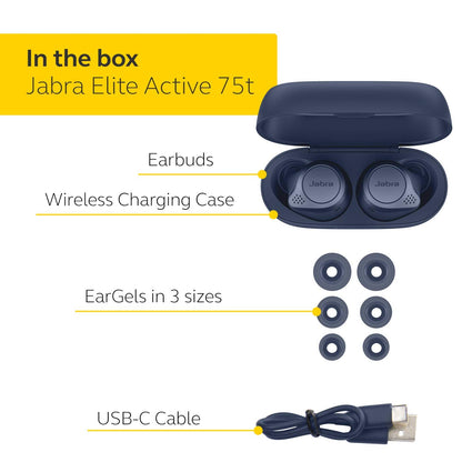 (Open Box) Jabra Elite Active 75t Earbuds – Active Noise Cancelling Wireless Sports Earbuds – Navy