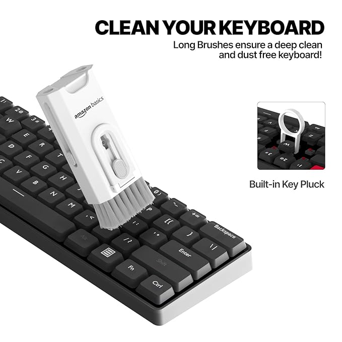 Amazon Basics Portable 8-in-1 Cleaning Kit for Laptop, Mobile, iPhone, Airpods, Earbuds, Keyboard | Metal Tip Cleaning Pen | Keycap Puller | Cleaning Cloth (White)