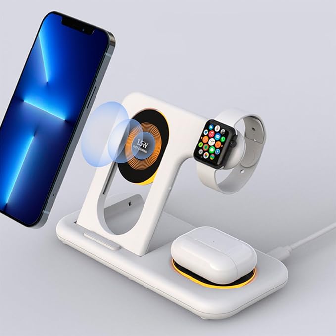 DAM 5-in-1 Foldable Charging Station, Magsafe Base 15 W, Adjustable Charger for Apple Watch and Qi Base, with Touch Night Light, Stand Function, 18.5 x 13.5 x 12 cm, Colour: Black