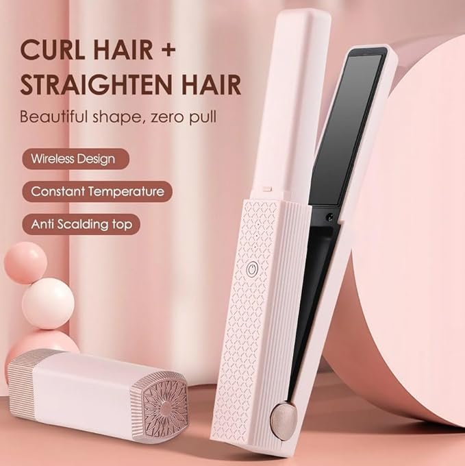 JICOOT Rechargeable Mini Hair Straightener, Portable Titanium Cordless Hair Straightener Brush, 3 Adjustable Temp Flat Iron, Travel Size, Suitable for Soft Thinning Thick Curly Hair Types - Multicolor