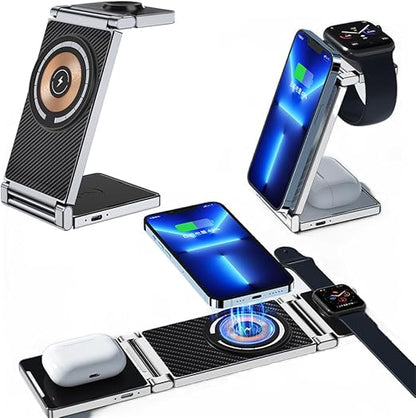 Azonee Foldable Wireless Charging Station for Apple Products/Watch/AirPods/iPhone, 4-in-1 Wireless Charging Station for Multiple Apple Products, Stylish Desk Charger Stand (Black)