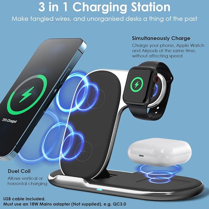 Techgear 3 in 1 Wireless Travel Charging Station, 15W Fast Wireless Charging Station for iPhone 14/13/12/11/XR/XS/Max/Plus, Air Pods 3/2/1/Pro, Apple Watch Series 8-2, Samsung S23 48 DE ltra etc