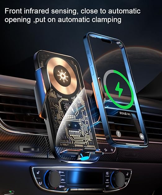 XYAJUANG 15W Transparent Smart Sensor Car Wireless Charger,Auto-Clamping Car Air Vent Phone Holder，QC Fast Charging for iPhone15/14/13/12/11/X/8plug Series,Samsung S Series/Noteseries (Black)