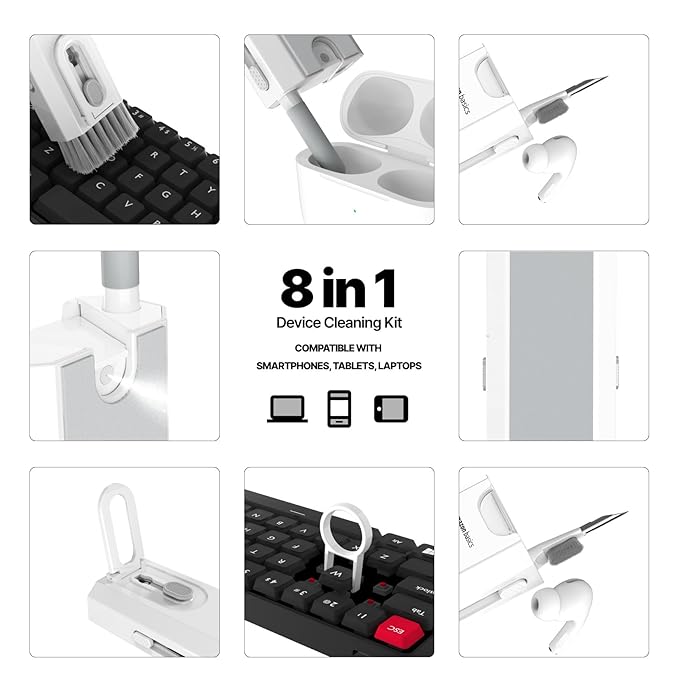 Amazon Basics Portable 8-in-1 Cleaning Kit for Laptop, Mobile, iPhone, Airpods, Earbuds, Keyboard | Metal Tip Cleaning Pen | Keycap Puller | Cleaning Cloth (White)