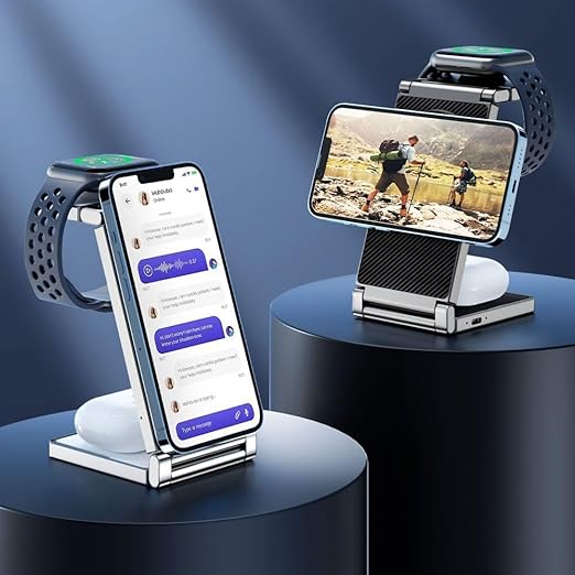 Azonee Foldable Wireless Charging Station for Apple Products/Watch/AirPods/iPhone, 4-in-1 Wireless Charging Station for Multiple Apple Products, Stylish Desk Charger Stand (Black)