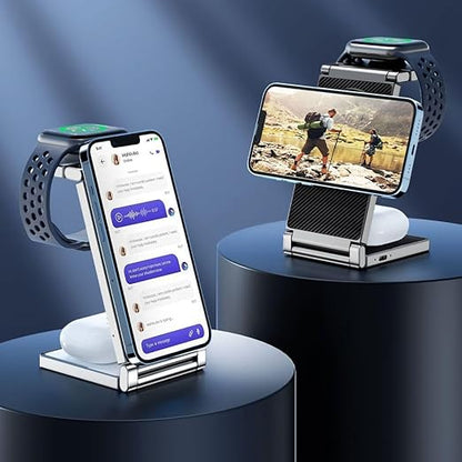 Azonee Foldable Wireless Charging Station for Apple Products/Watch/AirPods/iPhone, 4-in-1 Wireless Charging Station for Multiple Apple Products, Stylish Desk Charger Stand (Black)