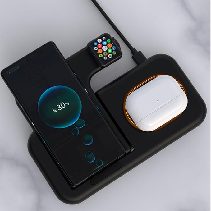 DAM 5-in-1 Foldable Charging Station, Magsafe Base 15 W, Adjustable Charger for Apple Watch and Qi Base, with Touch Night Light, Stand Function, 18.5 x 13.5 x 12 cm, Colour: Black
