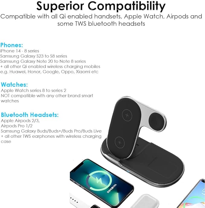 Techgear 3 in 1 Wireless Travel Charging Station, 15W Fast Wireless Charging Station for iPhone 14/13/12/11/XR/XS/Max/Plus, Air Pods 3/2/1/Pro, Apple Watch Series 8-2, Samsung S23 48 DE ltra etc