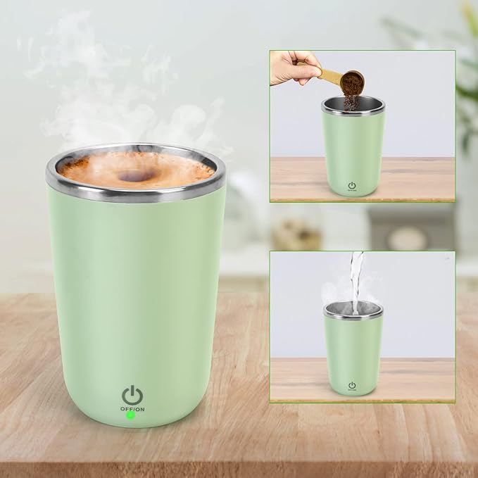 VAlinks Self Stirring Coffee Mug - Rechargeable Stainless Steel Auto Self Mixing Cup with Lid, 350ml/12oz Coffee Self Stirring Cup To Stir Coffee, Mixed Milk, Tea for Women Men Office Car Use, Green