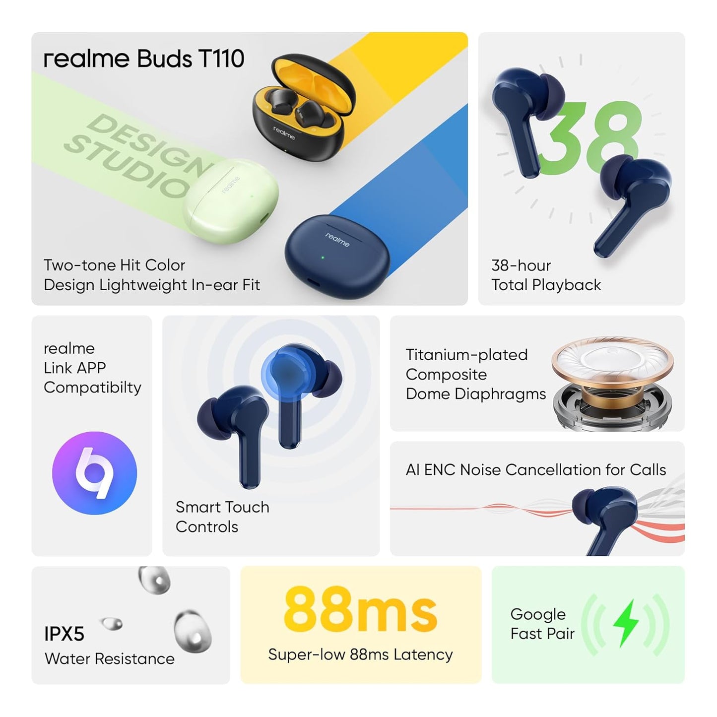 realme Buds T110 True Wireless in Ear Earbuds with Bass Boost Driver, 38 Hours Playback, AI ENC