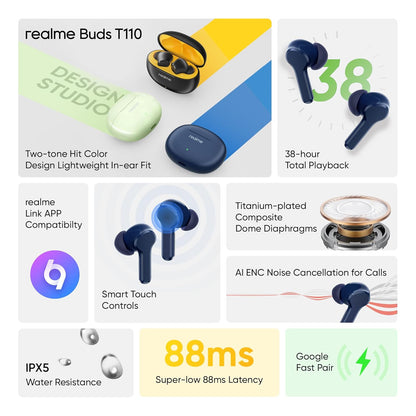 realme Buds T110 True Wireless in Ear Earbuds with Bass Boost Driver, 38 Hours Playback, AI ENC