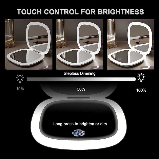 Compact Mirror with LED Light, 1x/10x Magnifying Rechargeable Dimmable Pocket Makeup Mirror for Purse, Travel, 4inch