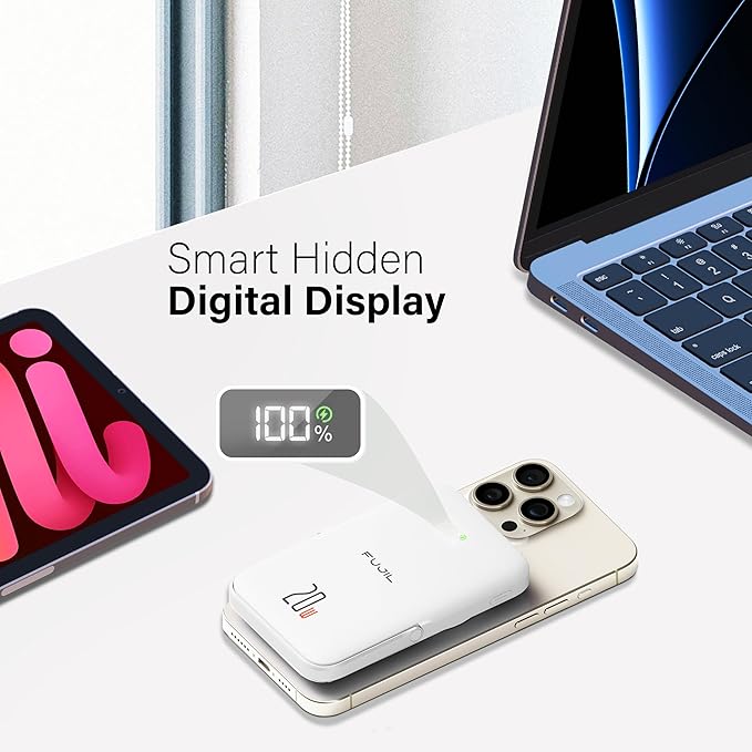 Magnetic Power Bank 10,000mAh with Metal Kickstand, LED Display, 20W Fast Charging Battery Pack with USB-C, Magsafe Compatible, For Android Devices, iPhone 15/14/13/12 Pro / Pro Max Series (White)