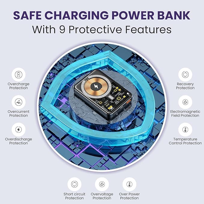 VCME MCVEM 10000 mAh Clear Magnetic Power Bank Fast Charging W/USB C, Wireless Portable Charger for iPhone 14/13/12, High Capacity USB A Wireless Cell Phone Charging Portable Power Bank Upto 15W