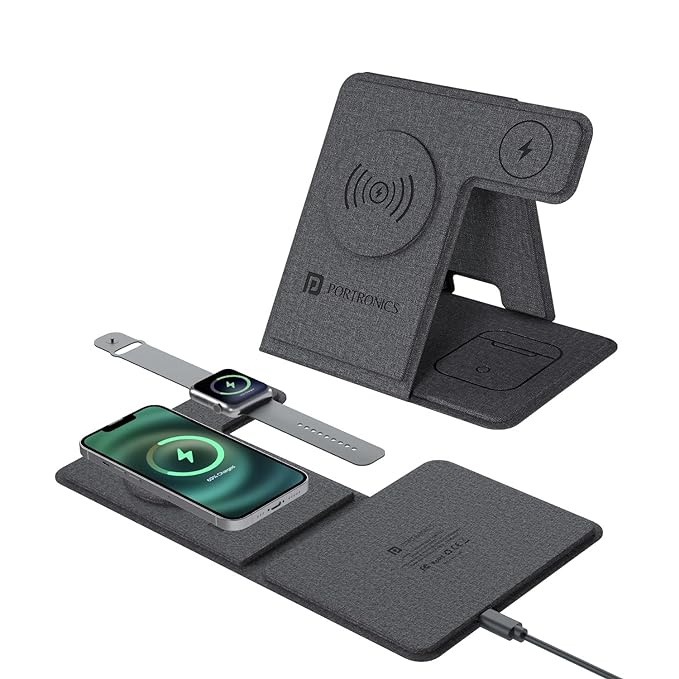 Portronics Freedom Fold 3 15W 3 in 1 Foldable MagSafe Compatible Wireless Charger for iPhone 12 & above Series, Apple Watches & AirPods with Premium PU Leather, 1M Type C Charging Cable(Black)