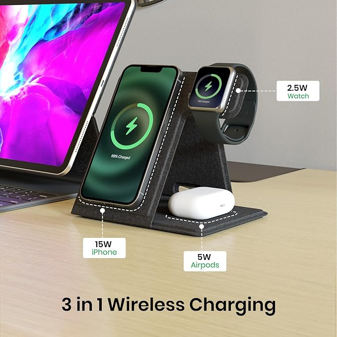 Portronics Freedom Fold 3 15W 3 in 1 Foldable MagSafe Compatible Wireless Charger for iPhone 12 & above Series, Apple Watches & AirPods with Premium PU Leather, 1M Type C Charging Cable(Black)