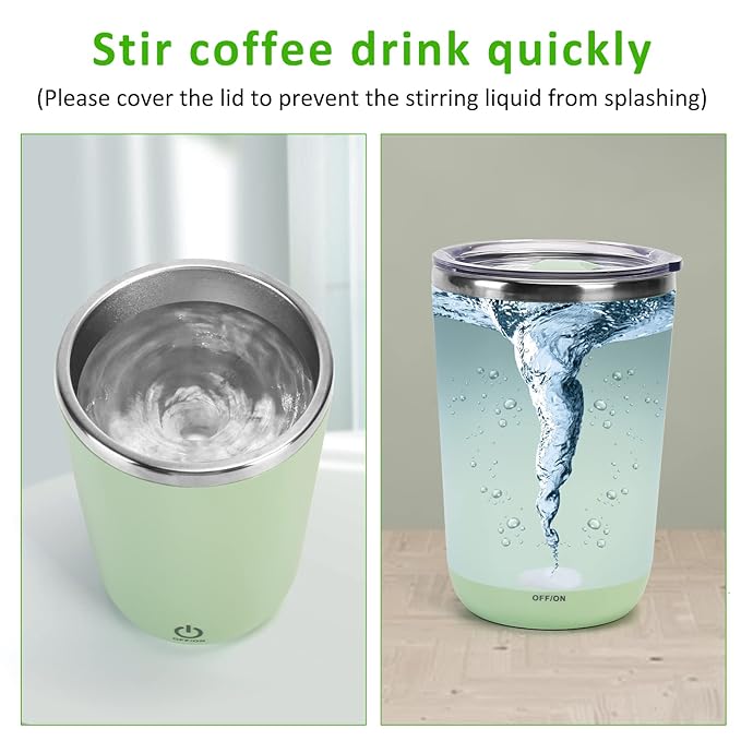 VAlinks Self Stirring Coffee Mug - Rechargeable Stainless Steel Auto Self Mixing Cup with Lid, 350ml/12oz Coffee Self Stirring Cup To Stir Coffee, Mixed Milk, Tea for Women Men Office Car Use, Green