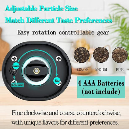 Nedyfix Gravity Electric Pepper Grinder, Battery Powered Grinder, with LED Light for One Hand Operation of Automatic Pepper and Salt Grinder Adjustable Poughness-7in Black