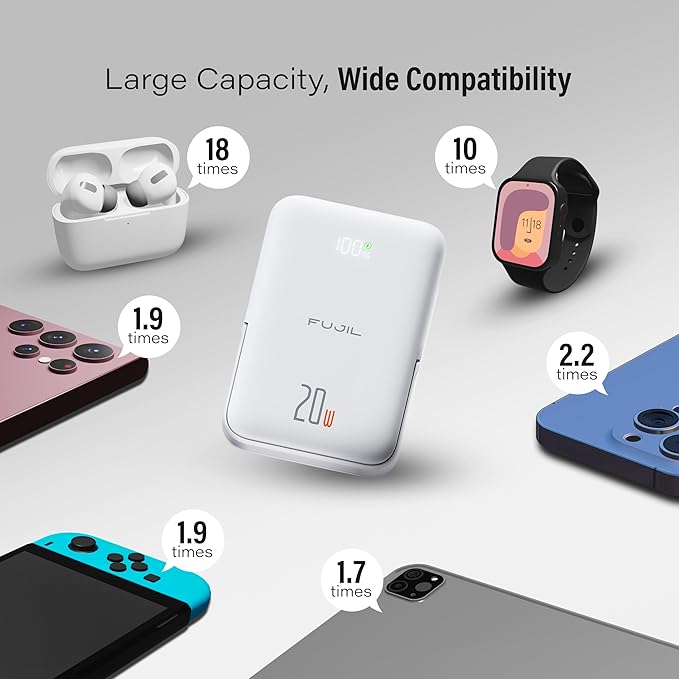 Magnetic Power Bank 10,000mAh with Metal Kickstand, LED Display, 20W Fast Charging Battery Pack with USB-C, Magsafe Compatible, For Android Devices, iPhone 15/14/13/12 Pro / Pro Max Series (White)