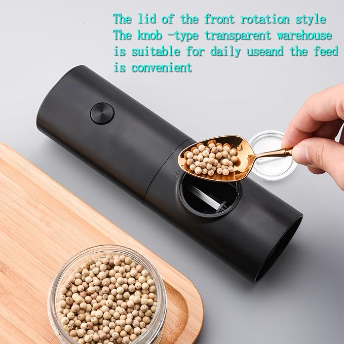 Nedyfix Gravity Electric Pepper Grinder, Battery Powered Grinder, with LED Light for One Hand Operation of Automatic Pepper and Salt Grinder Adjustable Poughness-7in Black