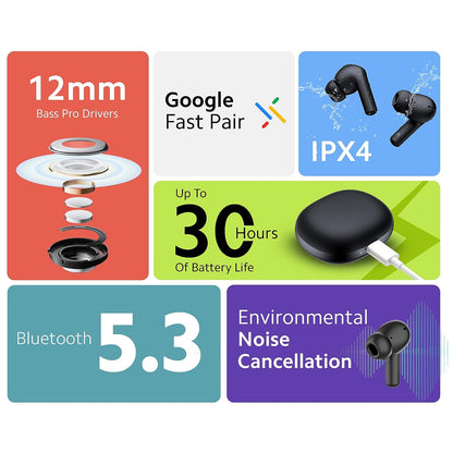 Redmi Buds 4 Active – Bass Black, 12mm Drivers(Premium Sound Quality), Up to 30 Hours Battery Life, Google Fast Pair, IPX4, Bluetooth 5.3