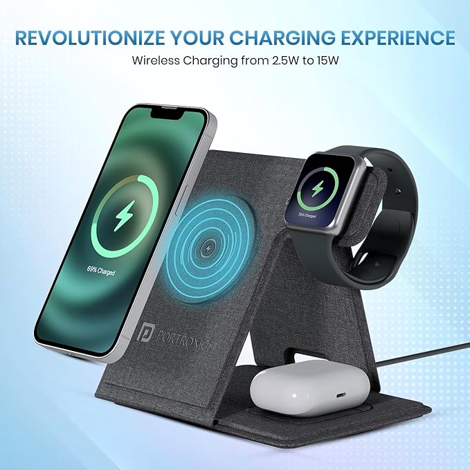 Portronics Freedom Fold 3 15W 3 in 1 Foldable MagSafe Compatible Wireless Charger for iPhone 12 & above Series, Apple Watches & AirPods with Premium PU Leather, 1M Type C Charging Cable(Black)