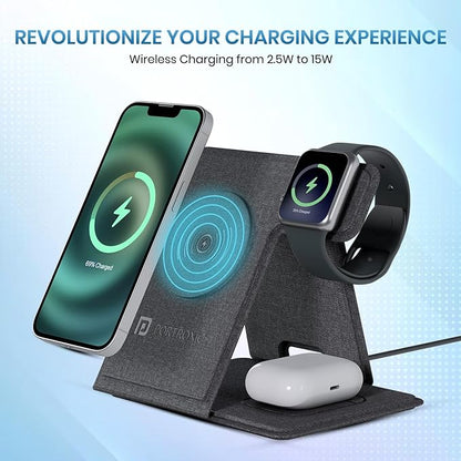 Portronics Freedom Fold 3 15W 3 in 1 Foldable MagSafe Compatible Wireless Charger for iPhone 12 & above Series, Apple Watches & AirPods with Premium PU Leather, 1M Type C Charging Cable(Black)