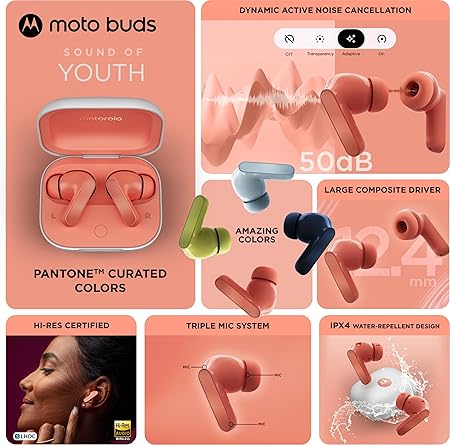 Motorola Moto Buds With Hi-Res Audio,Large 50bd ANC Bluetooth In Ear Headset(Coral Peach,True Wireless)
