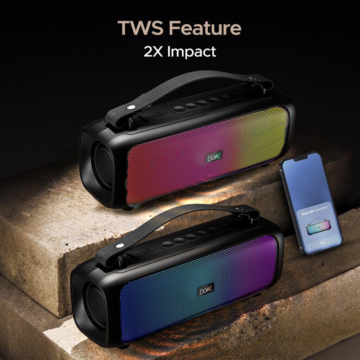 boAt Stone 580 Bluetooth Speaker with 12W RMS Stereo Sound, LED Lights, Up to 8 HRS Playtime, TWS Feature, FM Radio, Multi-