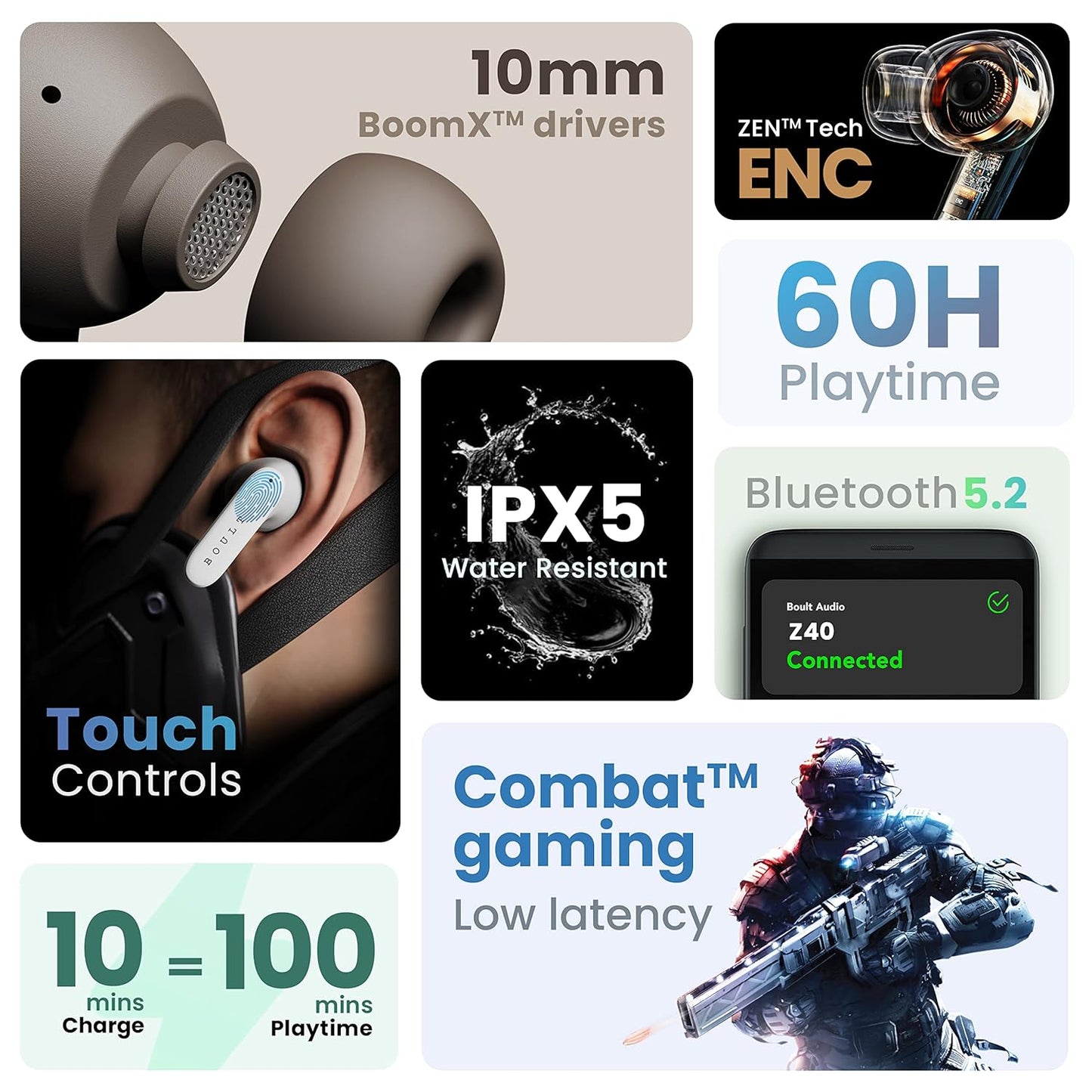 Boult Audio Z40 Pro Earbuds with 100H Battery, 4 Mic Clear Calling Low Latency, Premium Rubber Grip, 13mm Bass Drivers (Midnight)