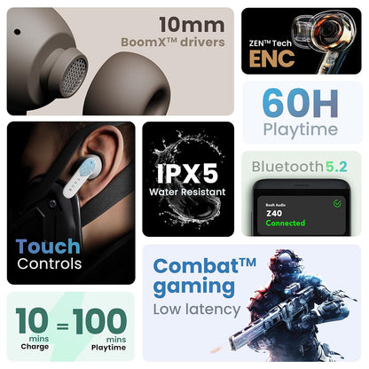 Boult Audio Z40 Pro Earbuds with 100H Battery, 4 Mic Clear Calling Low Latency, Premium Rubber Grip, 13mm Bass Drivers (Midnight)