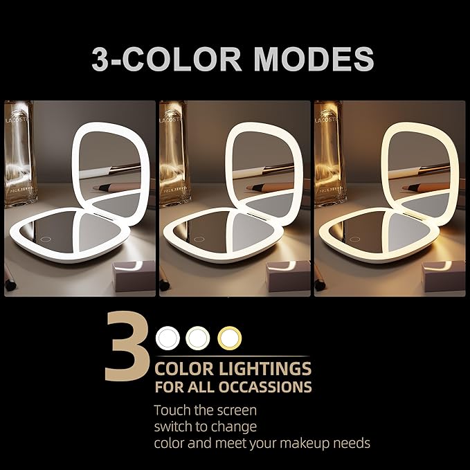 Compact Mirror with LED Light, 1x/10x Magnifying Rechargeable Dimmable Pocket Makeup Mirror for Purse, Travel, 4inch