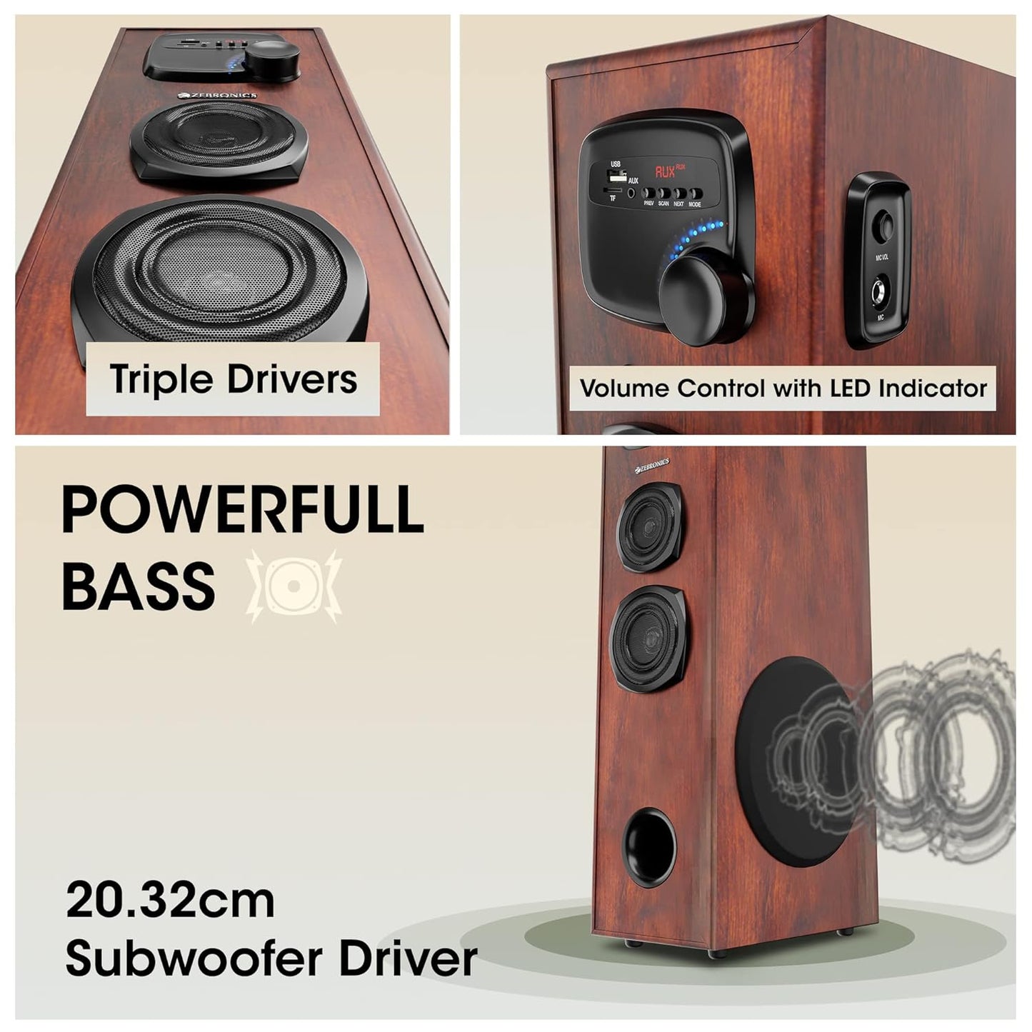 ZEBRONICS BT909RUCF Tower Speaker with 80W RMS, 20.32cm (8”) subwoofer, Wired mic for Karaoke, (Open Box)