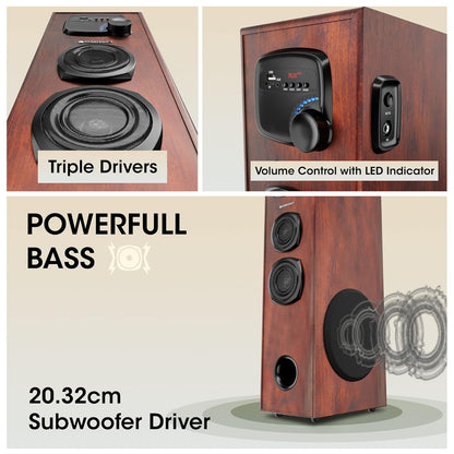 ZEBRONICS BT909RUCF Tower Speaker with 80W RMS, 20.32cm (8”) subwoofer, Wired mic for Karaoke, (Open Box)