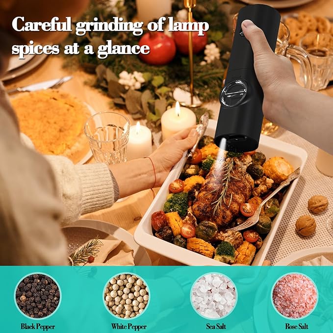 Nedyfix Gravity Electric Pepper Grinder, Battery Powered Grinder, with LED Light for One Hand Operation of Automatic Pepper and Salt Grinder Adjustable Poughness-7in Black