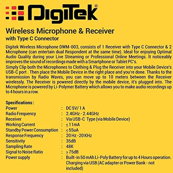 Digitek DWM-003 2 Unit Wireless Microphone & 1 Unit Receiver with Type C