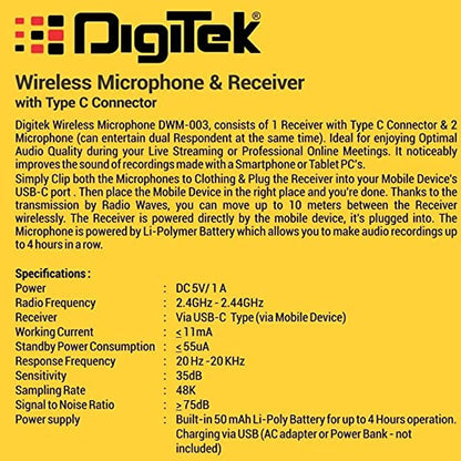 Digitek DWM-003 2 Unit Wireless Microphone & 1 Unit Receiver with Type C